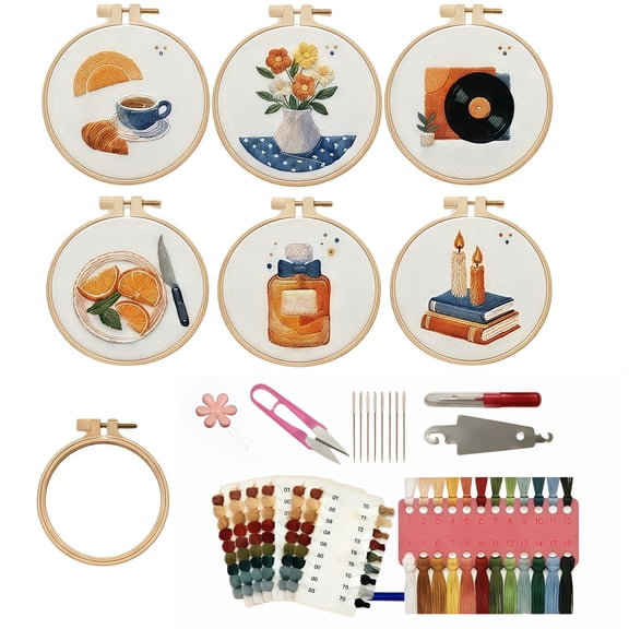 6 Pack Embroidery Kit for Beginners Adults, Pre-Stamped Patterns,Easy Arts & Crafts Set with Tool Storage Box, 1 Hoops, Thread/Floss, Needles, Scissors & Instruction, Handmade Decor & Gift