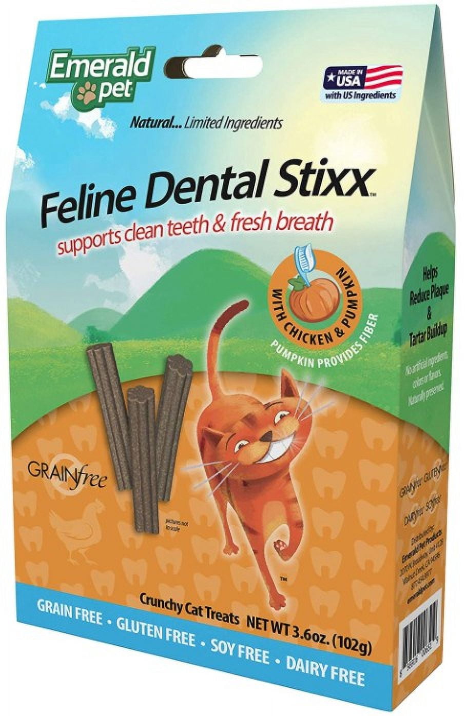 6 Pack Emerald Pet Feline Dental Stixx Chicken and Pumpkin Recipe [Cat Dental Treats, Bulk Cat Supplies, Emerald Pet] 21.6 oz (6 x 3.6 oz)