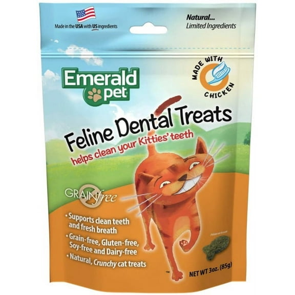 6 Pack Emerald Pet Feline Dental Treats Chicken Flavor [Cat Dental Treats, Bulk Cat Supplies, Emerald Pet] 18 oz (6 x 3 oz)