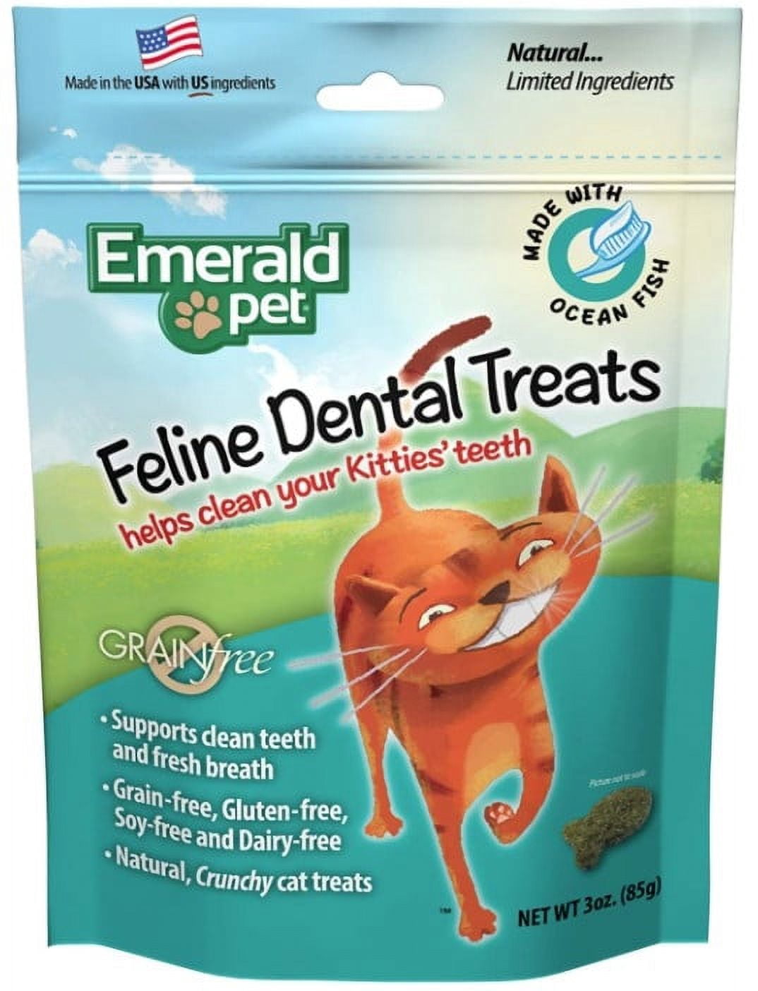 6 Pack Emerald Pet Feline Dental Treats Ocean Fish Flavor [Cat Dental Treats, Bulk Cat Supplies, Emerald Pet] 18 oz (6 x 3 oz)