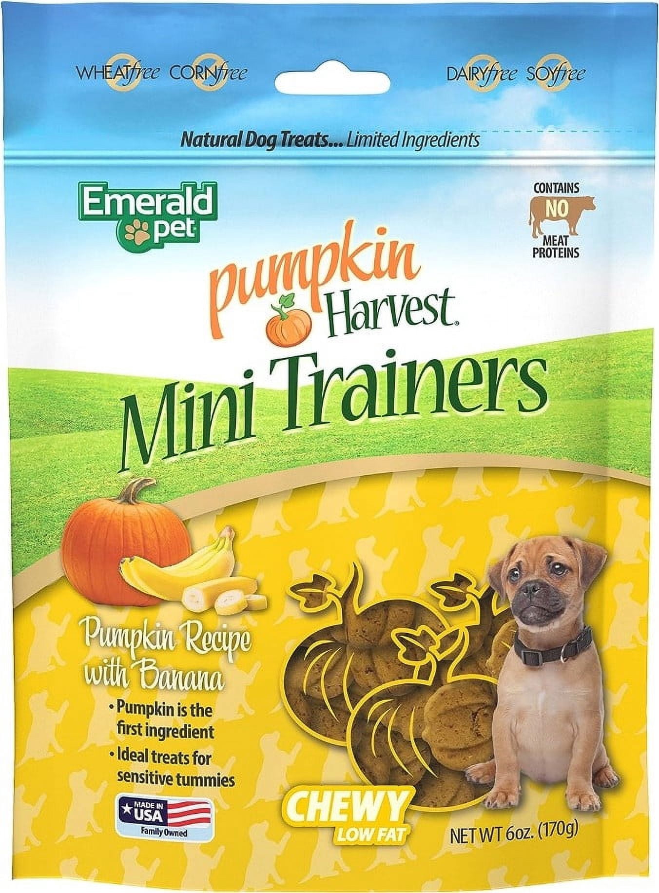6 Pack Emerald Pet Pumpkin Harvest Mini Trainers with Banana Chewy Dog Treats [USA Dog Treats, Bulk Dog Supplies, New Dog Supplies, Emerald Pet] 36 oz (6 x 6 oz)