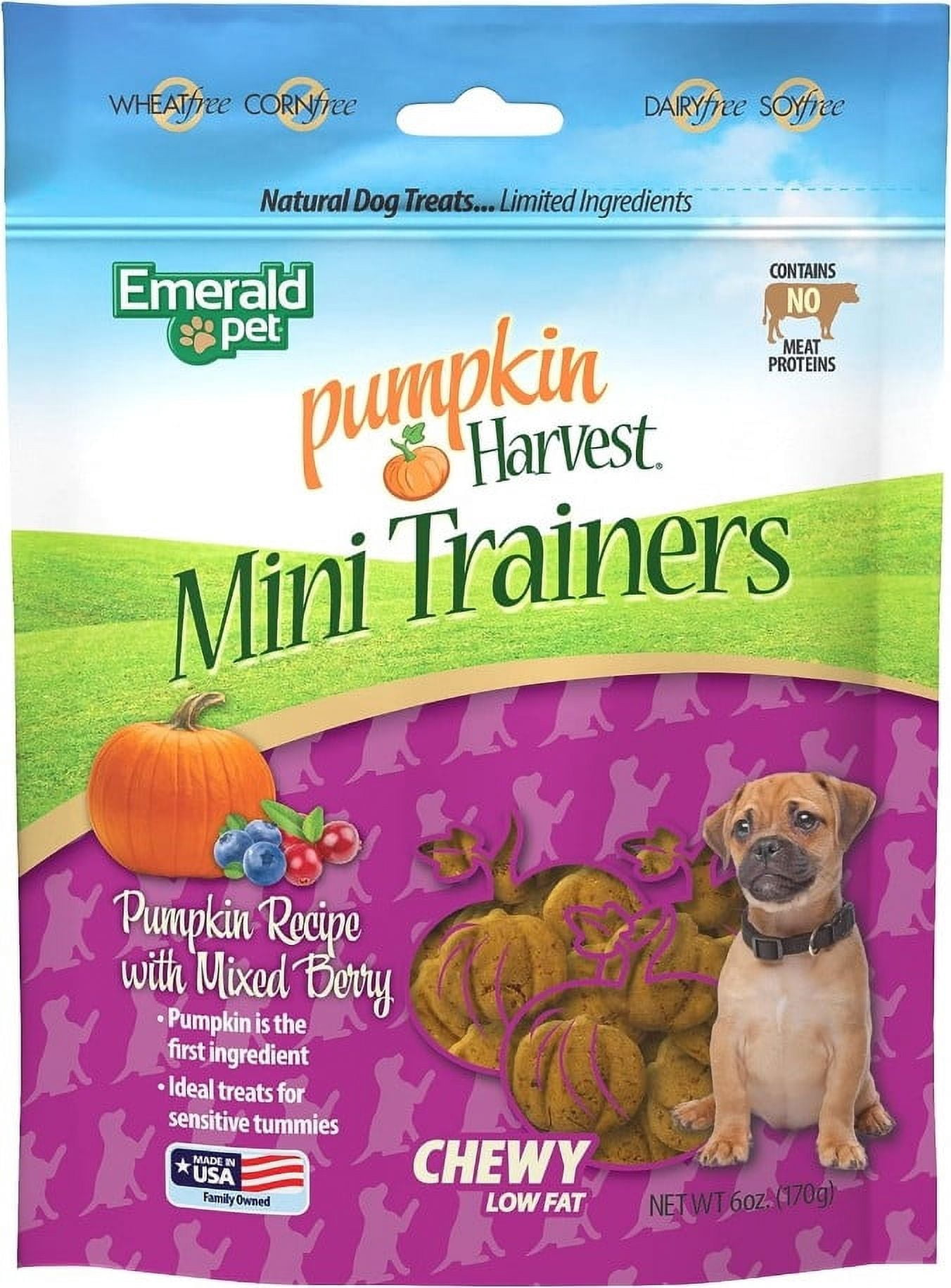 6 Pack Emerald Pet Pumpkin Harvest Mini Trainers with Mixed Berries Chewy Dog Treats [USA Dog Treats, Bulk Dog Supplies, New Dog Supplies, Emerald Pet] 36 oz (6 x 6 oz)