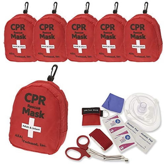 Emergency First Aid Kit – CPR Rescue Mask & Pocket Resuscitator with One‑Way Valve, EMT Trauma Scissors, Tourniquet, Gloves, Antiseptic Wipes & More - Red 6 Pack