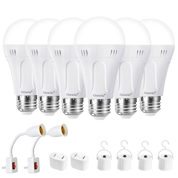 6 Pack Emergency Rechargeable Light Bulbs,Battery Operated Backup Light Bulb for Lamps E26 9W 6500K 1200mAh Daylight,A19 Emergency LED Bulbs for Home Power Outage Hurricane,Blizzard,Camping