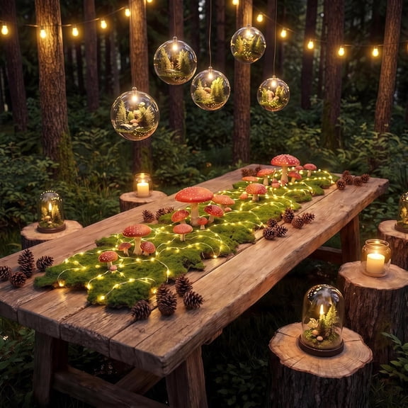 6 Pack Enchanted Forest Decorations Artificial Dried Moss Table Runner with LED Light Wonderland Tea Party Decoration Fairy Fake Moss Table Runner for Garden Holiday Wedding Dinner Birthday Decor