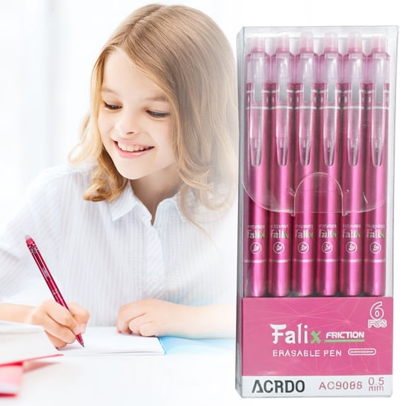 6 Pack Erasable Gel Ink Pens - Retractable 0.5mm Smooth Writing Pens - Colored Friction Erasable Ballpoint - Pink