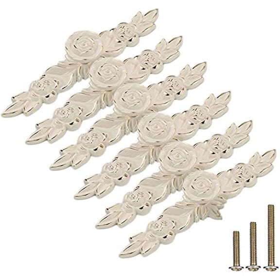 6 Pack European Style Rose Cabinet Knobs with Backplate, 6.6" Vintage Kitchen Zinc Alloy Flower Drawer Pulls for Dresser Vanity Nightstand Cupboard Ivory White & Gold Edge(6 Pack, 6.6")