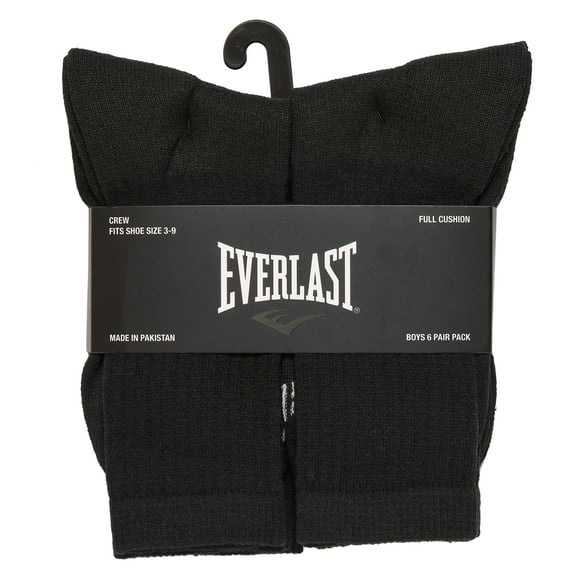 6-Pack Everlast Boy's Full Cushion Crew Socks- Size 6-8.5 (Black)