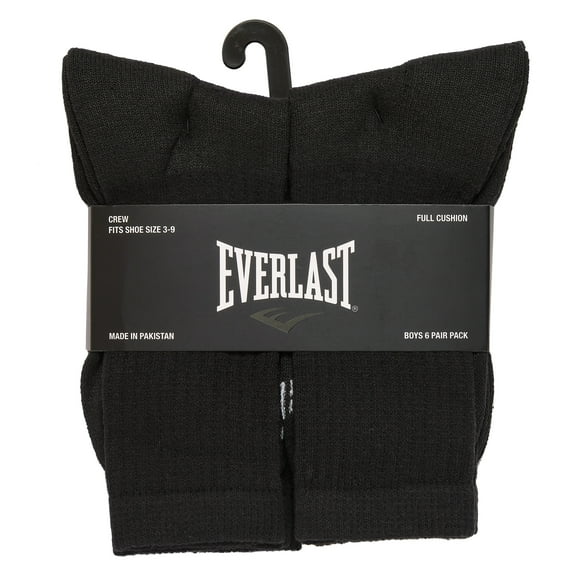6-Pack Everlast Boy's Full Cushion Crew Socks- Size 6-8.5 (Black)