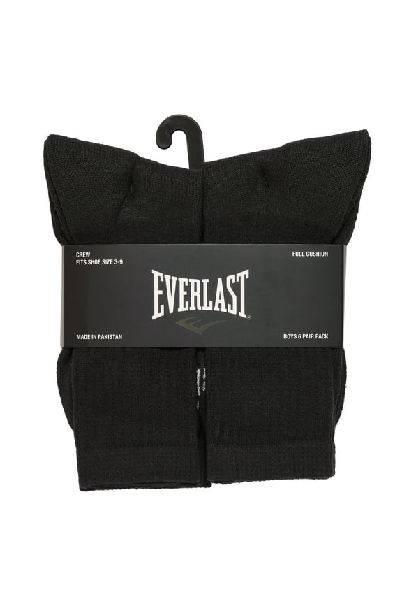 6-Pack Everlast Boy's Full Cushion Crew Socks- Size 6-8.5 (Black)