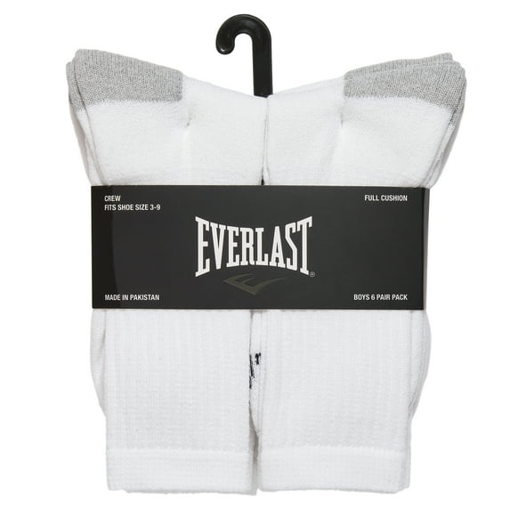 6-Pack Everlast Boy's Full Cushion Crew Socks- Size 6-8.5 (White)