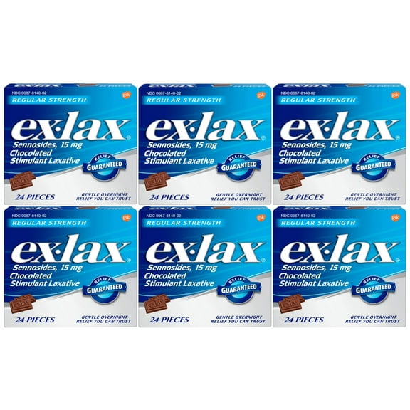 6 Pack Ex-Lax Sennosides Chocolated Stimulant Laxative Regular 24 Pieces Each