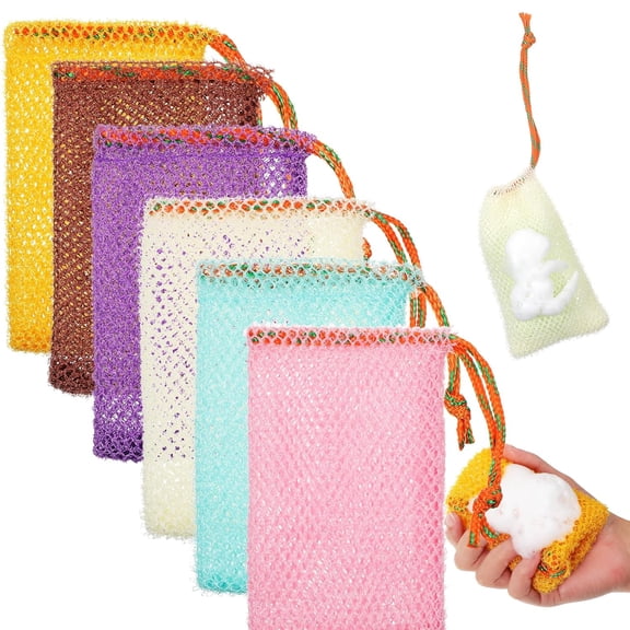 6 Pack Exfoliating Mesh Soap Bag, Bar Pouch Foaming Bubble Net Bags with Drawstring for Shower Body Facial Cleaning Tool, 5.5x3.5Inch