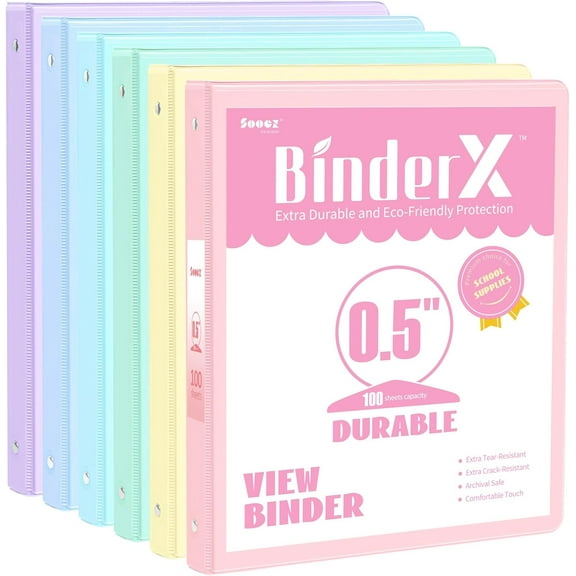 6 Pack Extra Durable 3 Ring Binders 0.5 inch 1/2 Three Round Ring Binders with Pockets Cute Customizable Clear View Cover for 8.5 x 11 Letter Size Papers School Office Supplies for Girl