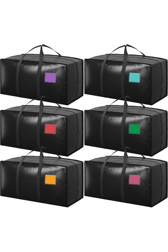 6 Pack Extra Large Heavy Duty Moving Bags with Reinforced Zipper & Wide Handles, Moisture-Resistant Storage Bins Packing Cubes for Clothes, College Dorm, Travel, and Home Organization, Black
