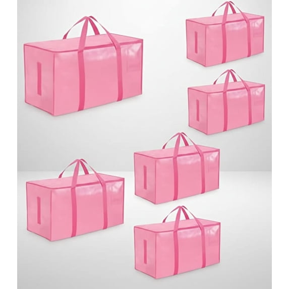 6 Pack-Extra Large Heavy Duty Moving Bags - Waterproof Storage Totes with Handles & Zippers, Foldable for College Dorm, Storage (Pink)