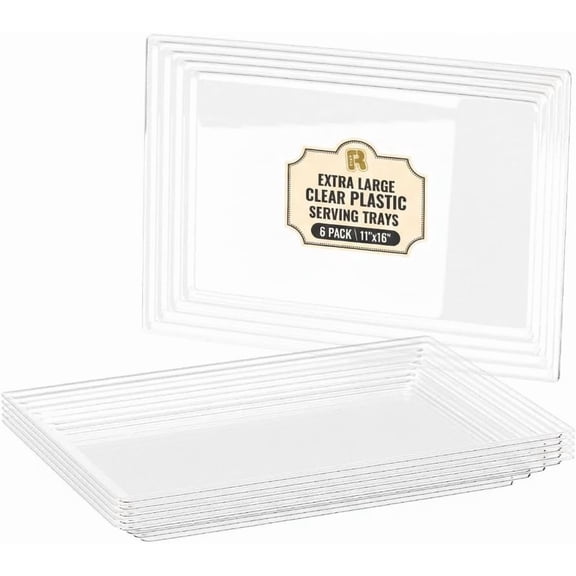 6 Pack Extra Large Plastic Serving Trays for Party - 16 x 11 Clear Plastic Tray - Heavy Duty Trays for Food - Rectangular Party Serving Trays and Platters (Clear)