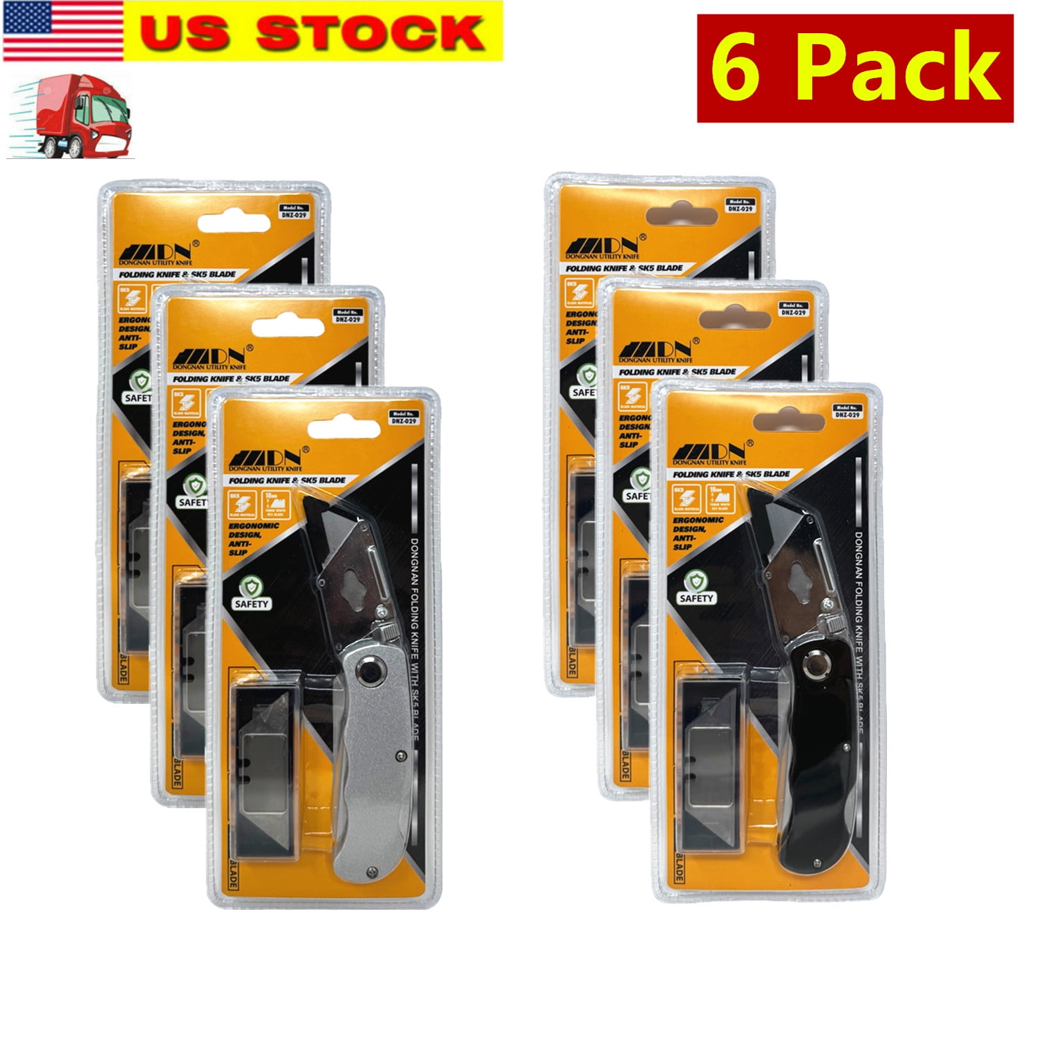 6 Pack FOLDING UTILITY KNIFE BLACK SILVER COLOR WITH 5 XTRA BLADE QUICK CHANGE