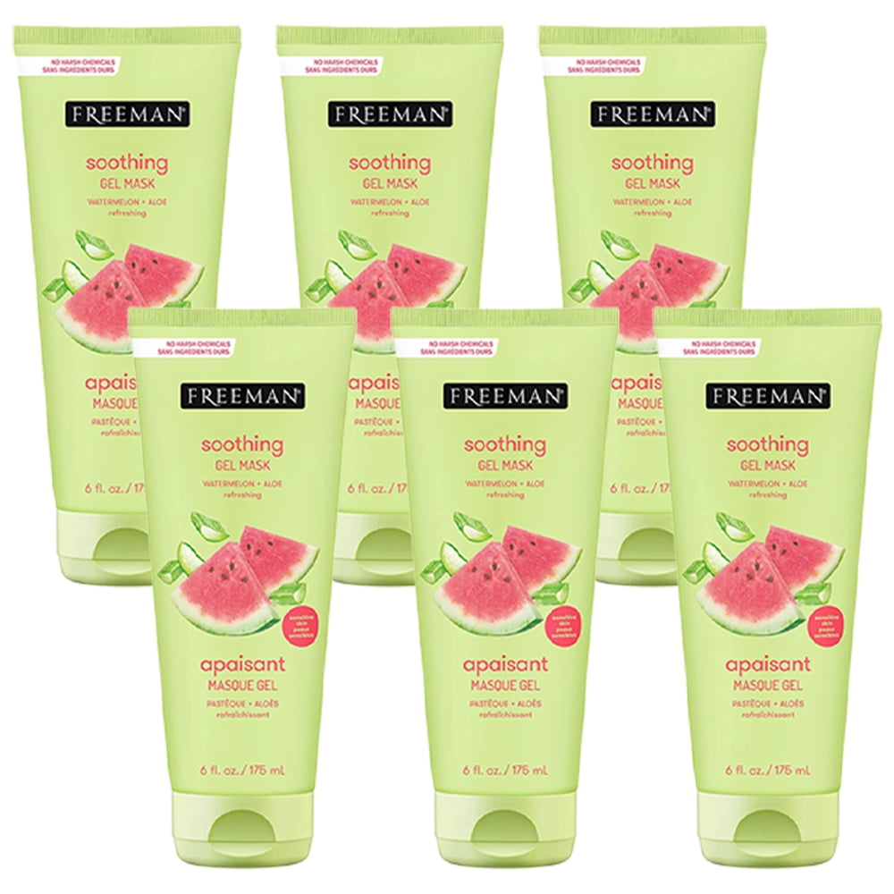 6-Pack FREEMAN Soothing Watermelon And Aloe Gel Facial Mask, Hydrates, Nourishes, And Soothes Irritated Skin, Cooling, Calming Gel Face Mask, For Sensitive And Break-Out Prone Skin, 6 fl.oz