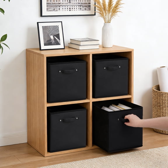 6 Pack Fabric Storage Cubes Bins, Collapsible Cube Organizer with Faux Leather Handle, Foldable Closet Storage Boxes for Shelves, Bedroom, Living Room (11'',Black)