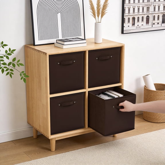 6 Pack Fabric Storage Cubes Bins, Collapsible Cube Organizer with Faux Leather Handle, Foldable Closet Storage Boxes for Shelves, Bedroom, Living Room (11'',Brown)