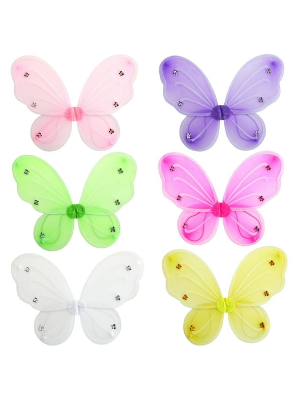 6 Pack Fairy Butterfly Wings for Girls with Rhinestone Embellishments (6 Assorted Colors)