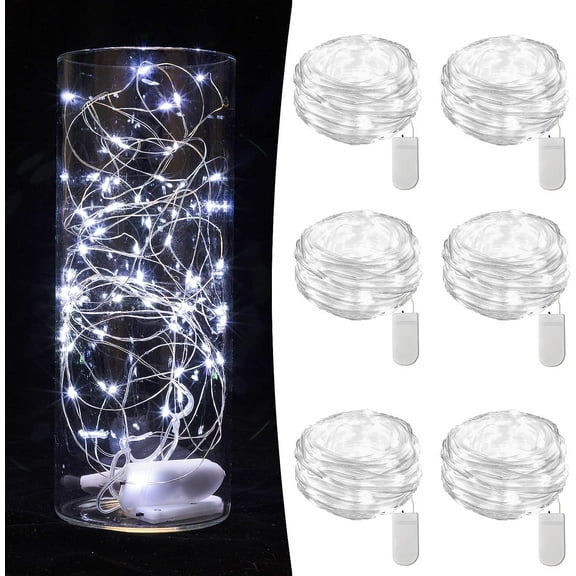 6 Pack Fairy Lights Battery Operated - 6.6 ft 20 LED Mini String Lights Waterproof Silver Wire Firefly Lights for Vases Mason Jars DIY Crafts Plants Table Centerpieces Wedding, Cool White