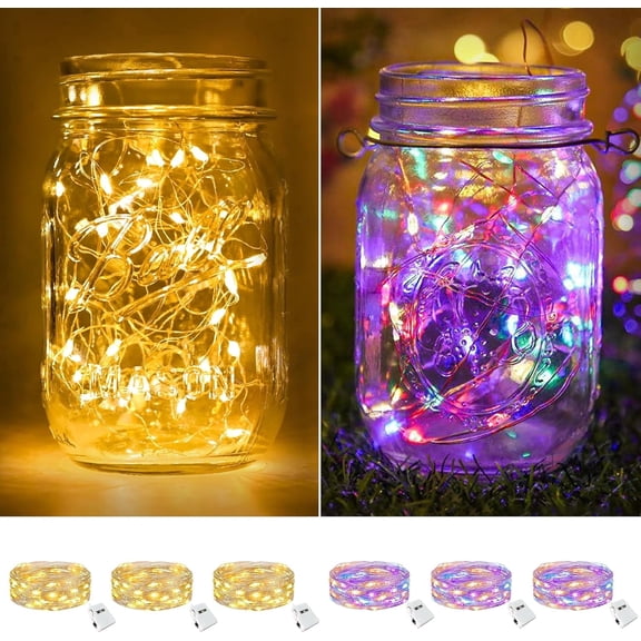 6 Pack Fairy Lights Battery Operated,7ft 20 LED Twinkle Lights with 3 Modes, Waterproof Silver Wire String Lights for Mason Jars Wedding Table Centerpiece, Warm White/Colorful