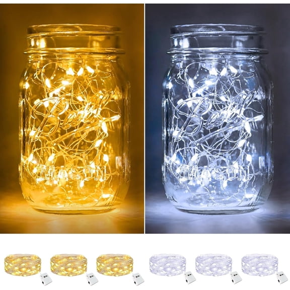 6 Pack Fairy Lights Battery Operated,7ft 20 LED Twinkle Lights with 3 Modes, Waterproof Silver Wire String Lights for Mason Jars Wedding Table Centerpiece, Warm White/Cool White