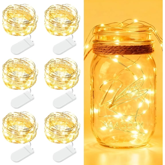 6 Pack Fairy Lights Battery Operated - 7ft 20 LED Twinkle Lights Copper Wire Mini String Lights Firefly Lights for Mason Jars DIY Crafts Christmas Wedding Party Centerpiece Table Decor, Warm White