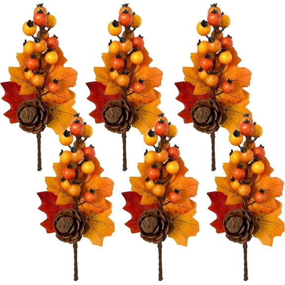 6 Pack Fall Stems Artificial Berry Picks Fall Picks with Pumpkin Maple Leaves Branches Decorations for Harvest Autumn Thanksgiving Day Flower Arrangements Wreaths Indoor Outdoor Home Decor
