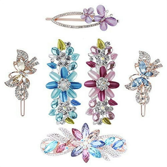6 Pack Fancy Delicate Floral Butterfly Leaf Jeweled Gems Crystal Rhinestone Pearl Glitter Sparkly Metal Snap Hair Clips Hairpins Barrettes Clamp Hairpins Hair Headpiece Accessories for Women Girl