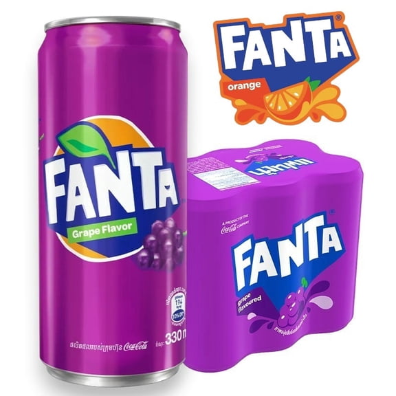 6 Pack Fanta Grape Drink Soda, 330ml Can, Sparkling Fruit Flavored Soft Drink, Refreshing Purple Grape Soda - With FANTA Sticker