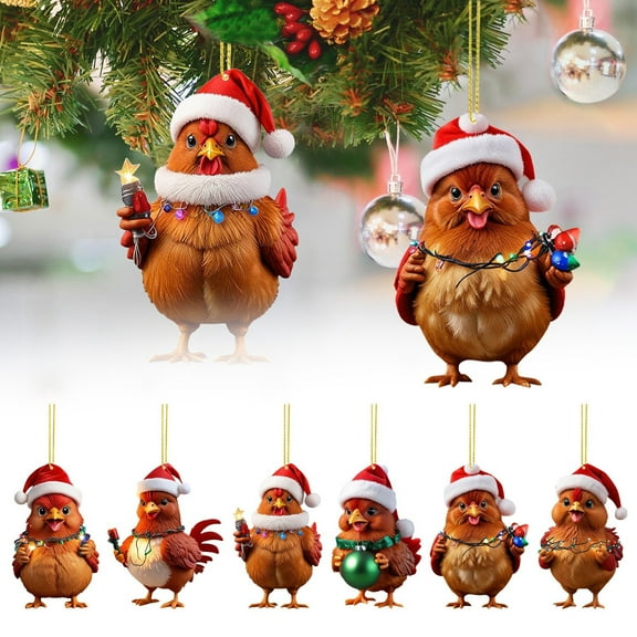 6 Pack Farmhouse Chicken Christmas Ornaments, 2D Acrylic Flat Rooster Hanging Decoration, Funny Animal Pendants for Holiday Tree, Car Mirror Charm, Winter Party Decor Gift