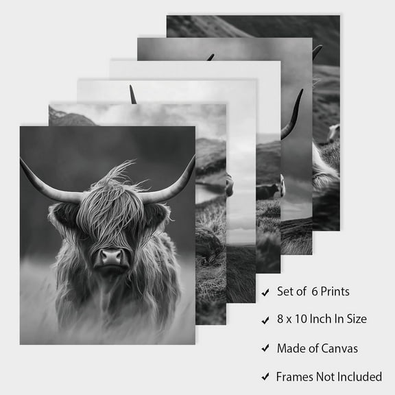 6 Pack Farmhouse Highland Cow Animal Unframed Waterproof Canvas Wall Art Decor 8" x 10" Black and White Modern Western Rustic Canvas Wall Poster for Home Office Living Room Decor