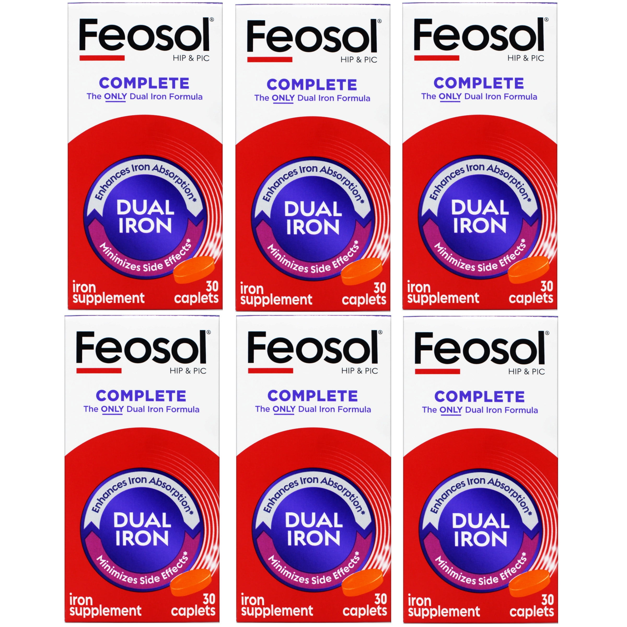 6 Pack Feosol Complete Bifera HIP & PIC Iron Supplement 30 Caplets Each