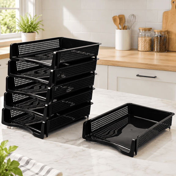 6 Pack File Stacking Trays, Plastic Stackable Paper Letter Tray for Office, School, Home, Black
