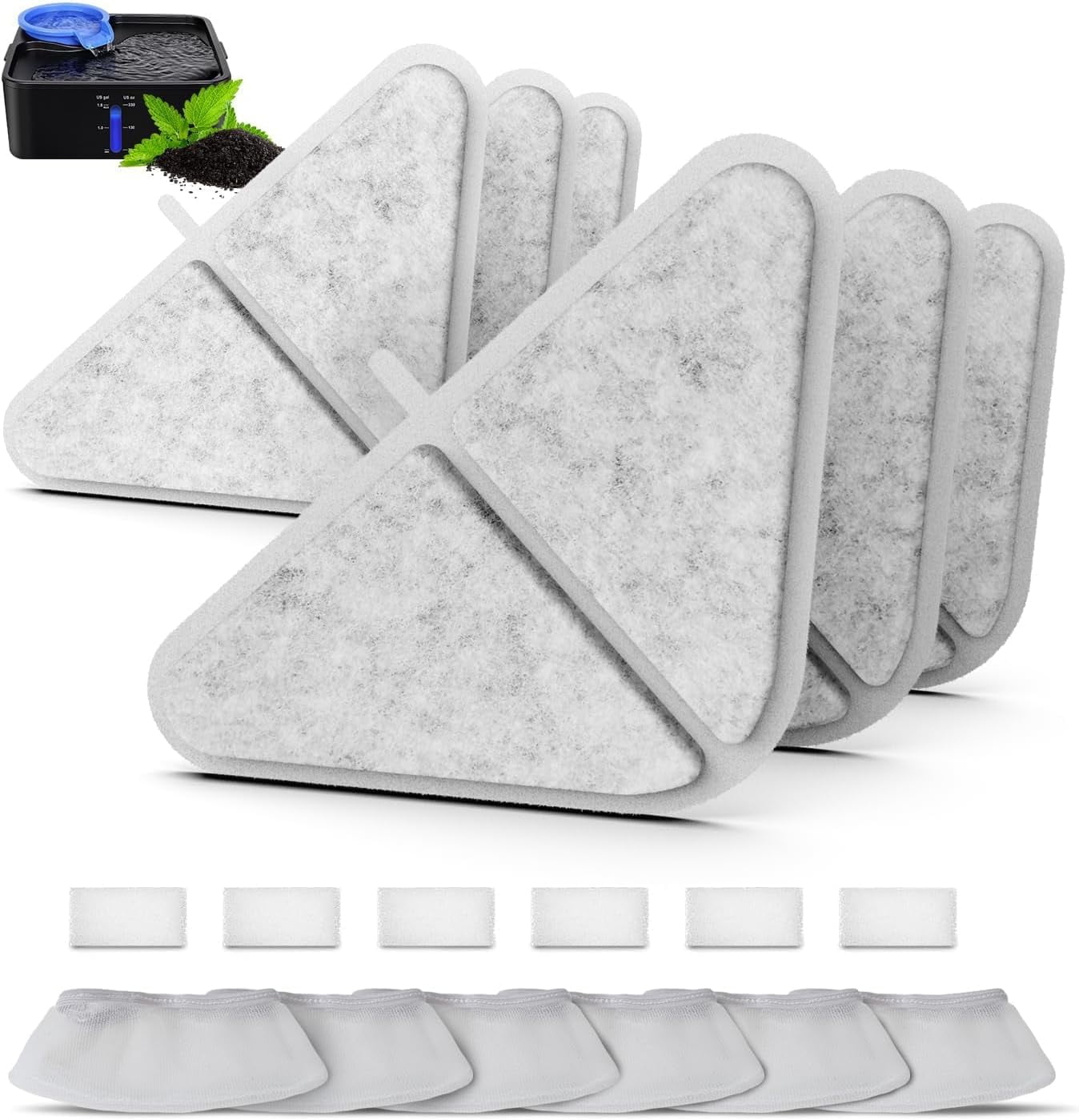 12-Pack Cat Water Fountain Filter Replacement Set – Includes Filters, Sponges & Bags For 7L/230oz Fountains