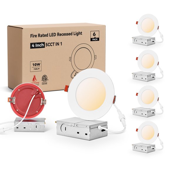 6 Pack Fire Rated Recessed Light 2 Hours, 4 Inch Canless Downlight with Junction Box, 10W, 5CCT Selectable & Dimmable, ETL, IC & Wet Rated