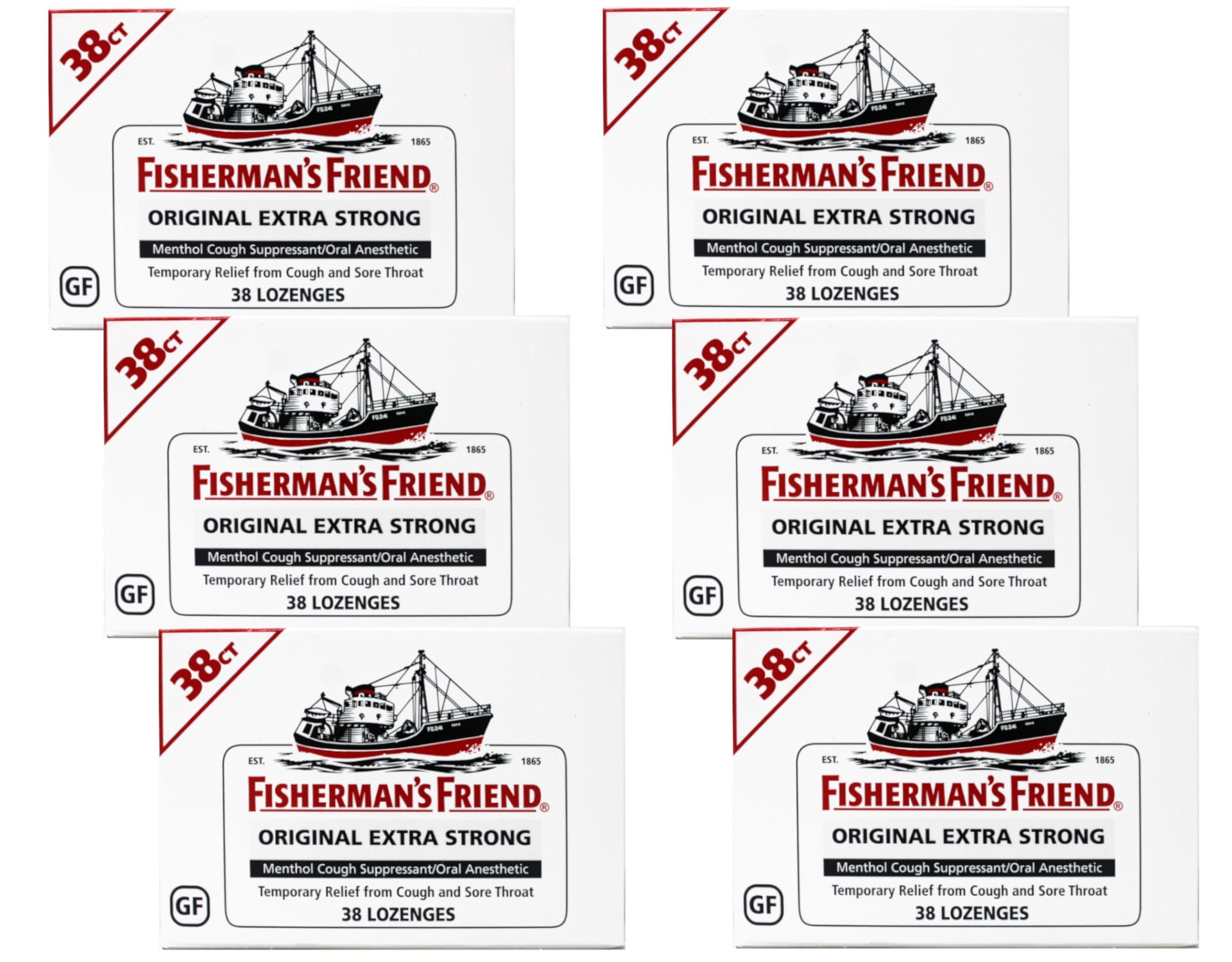 6 Pack Fisherman's Friend Original Extra Strong Menthol 38 Lozenges Each