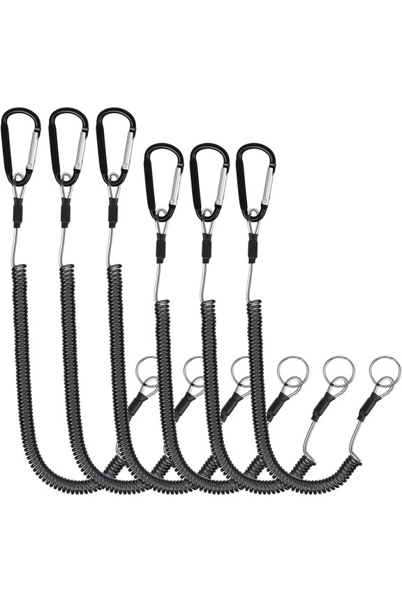 6 Pack Fishing Coiled Lanyard, Retractable Tool Lanyards for Hand Tools Keychain Pole Tether, Kayak Paddle Leash Fishing Rod Safety Steel Wire Lanyards Gear with Carabiner Clips for Pliers Boating