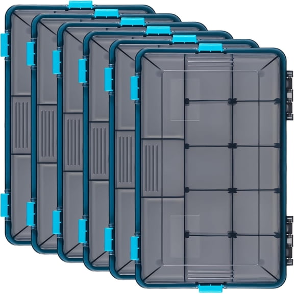 6 Pack Fishing Tackle Boxes Waterproof 3600 and 3700 Tackle Trays with Removable Dividers Plastic Storage Organizer Bait Vault Camouflage Box for Freshwater Saltwater (Blue,3600)