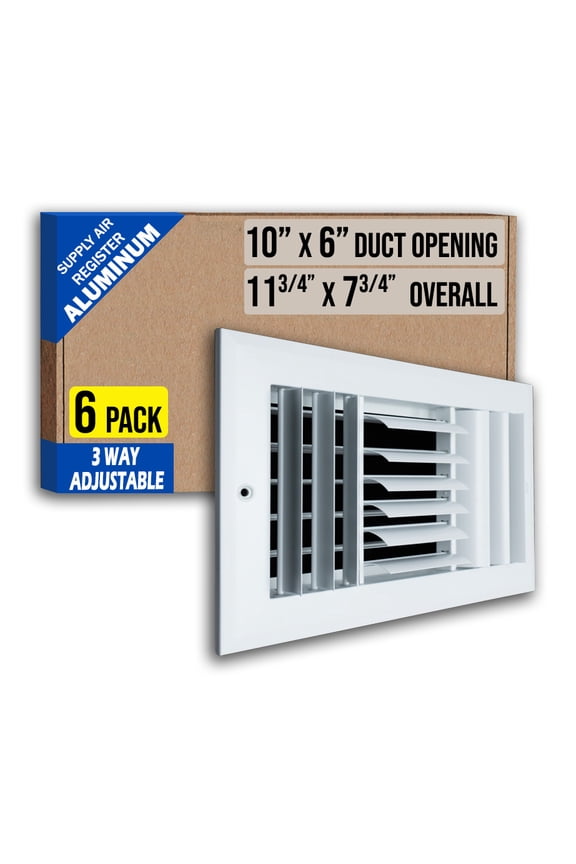 [6 Pack] Fits 10x6 Duct Opening Aluminum 3-WAY Adjustable Air Supply Grille by Handua | Curved Blade Register Vent Cover for Sidewall & Ceiling | White | Outer Size: 11.75" X 7.75"