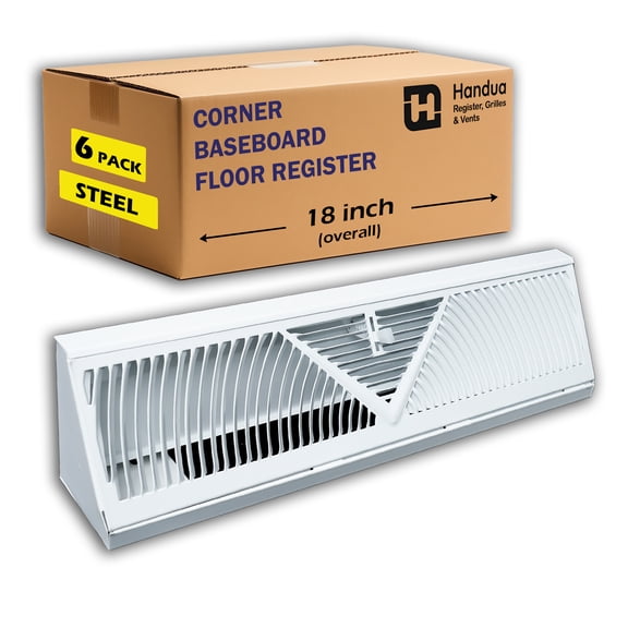 [6 Pack] Fits 18" Baseboard Space | Corner Baseboard Register by Handua | Round Type Air Flow Design | 18" External Length Register Vent Cover Grill | Adjustable Lever for Air Flow Control | White