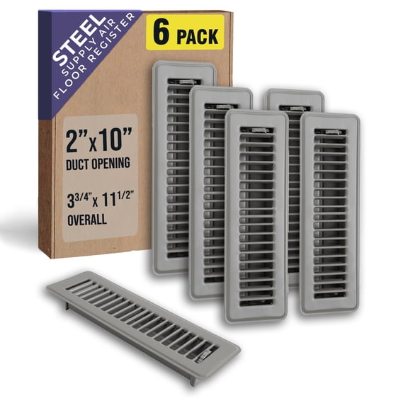 [6 Pack] Fits 2x10 and 10x2 Duct Opening | Floor Register with Louvered Design by Handua | Heavy Duty Walkable Design with Damper | Floor Vent Grille | Easy to Adjust Air Supply Lever | Gray