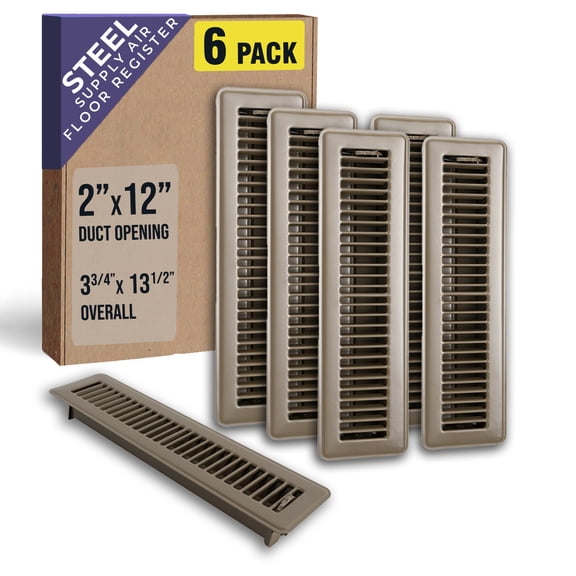 [6 Pack] Fits 2x12 and 12x2 Duct Opening | Floor Register with Louvered Design by Handua | Heavy Duty Walkable Design with Damper | Floor Vent Grille | Easy to Adjust Air Supply Lever | Brown
