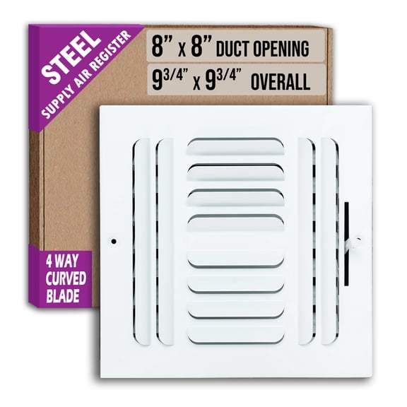 [6 Pack] Fits 8x8 Duct Opening 4 WAY Fixed Curved Blade Air Supply Diffuser by Handua | Register Vent Cover Grille for Sidewall and Ceiling | White | Outer Dimensions: 9.75" X 9.75"
