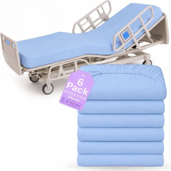 - 6 Pack Fitted Hospital Bed Sheets with Elastic All Around for a Perfect Fit - Cotton Rich Soft Knitted Jersey Sheet, 36 x 84 x 12 - Blue