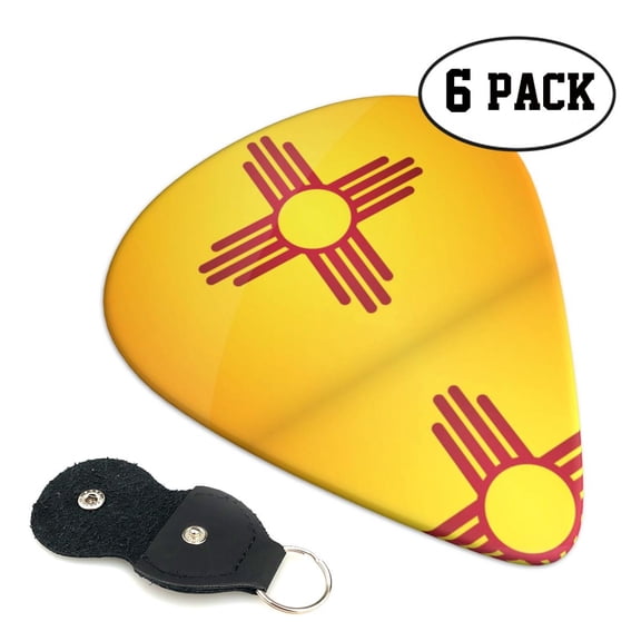 6 Pack Flag Of-New-Mexico Guitar Picks In Leather Picks Holder For Bass Electric Acoustic Guitars
