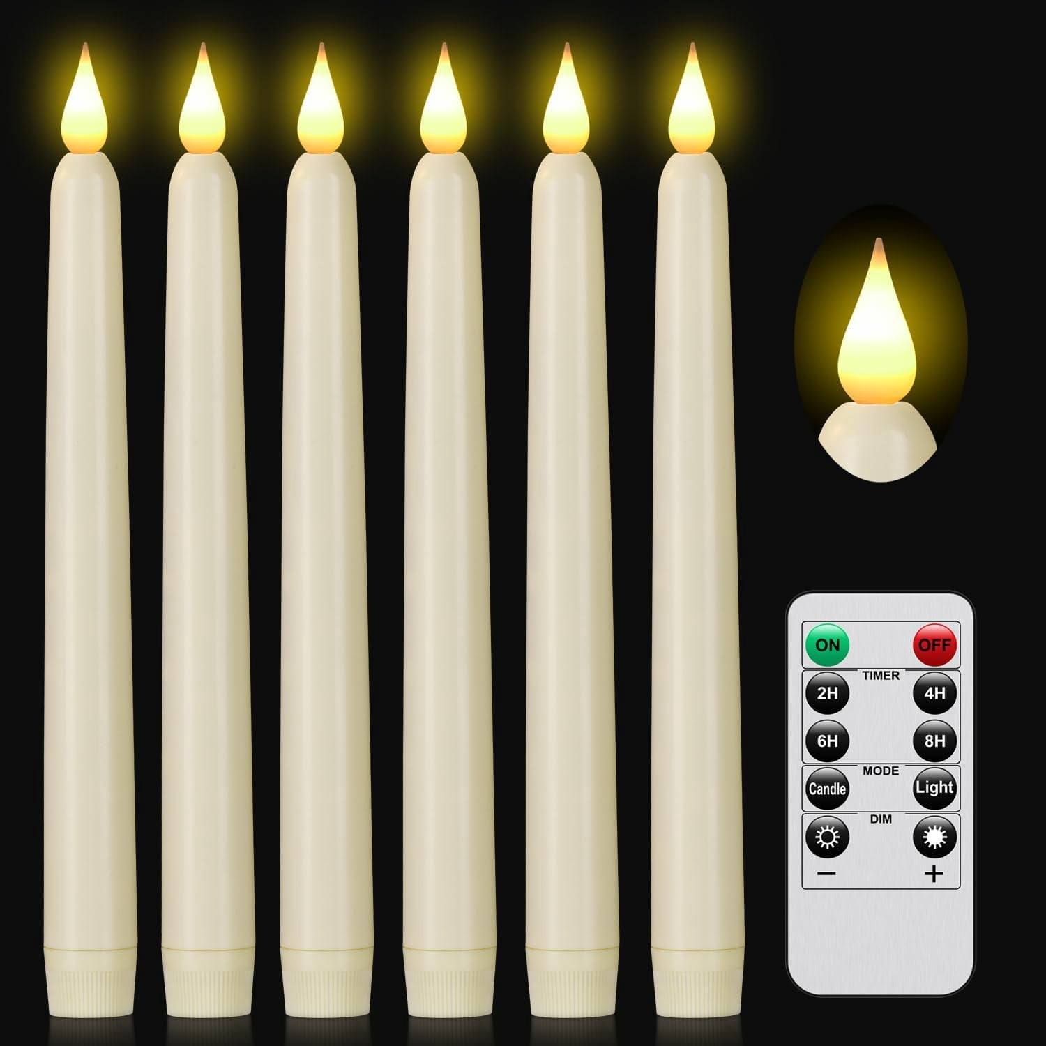 Flameless Ivory Taper Candles Flickering with 10-Key Remote, Battery ...
